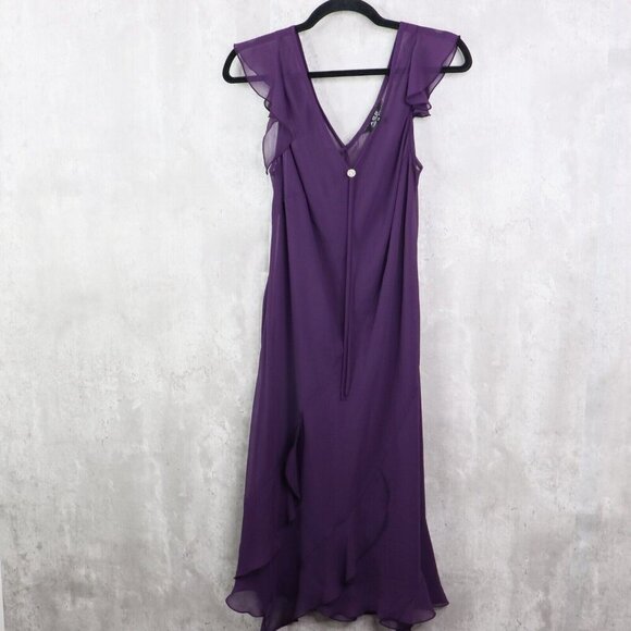 ABS By Allen Schwarts Dress Womens 14 Purple Sheer Flutter Sleeve Assymetrical‎ - Picture 1 of 7
